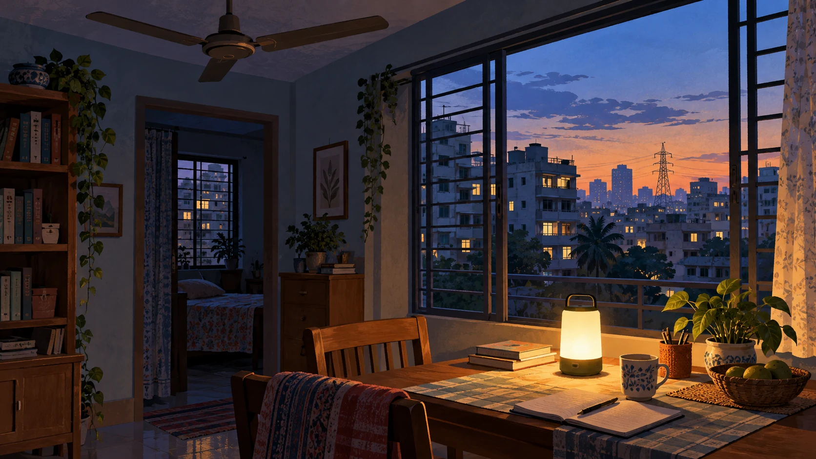 Illustrated apartment at dusk with a still ceiling fan, a rechargeable lamp and city buildings beyond the window.